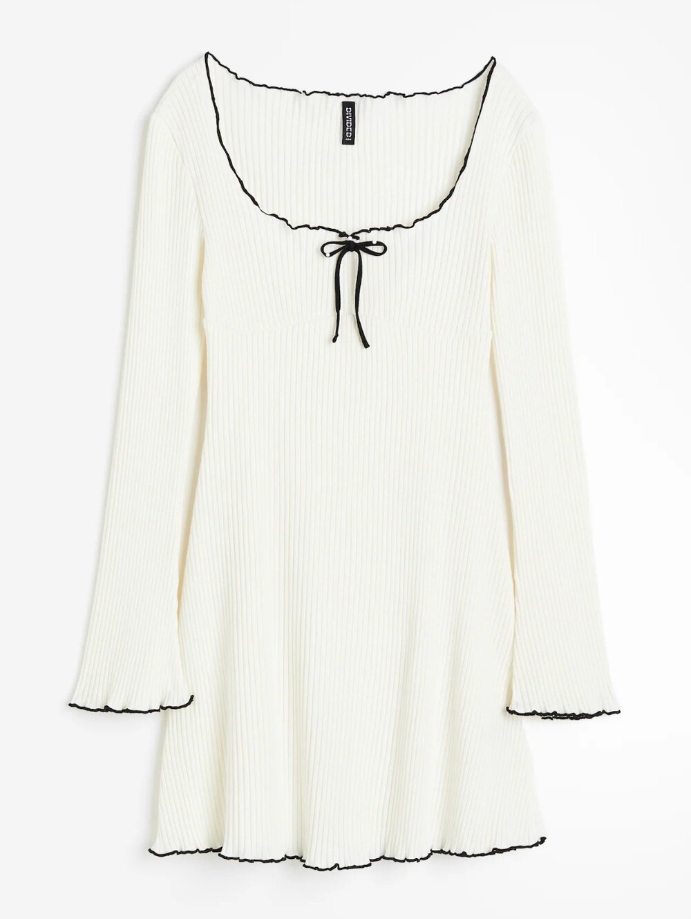 H&M Coquette White Ribbed Mini Dress with Black Bow Feminine Bell Sleeve